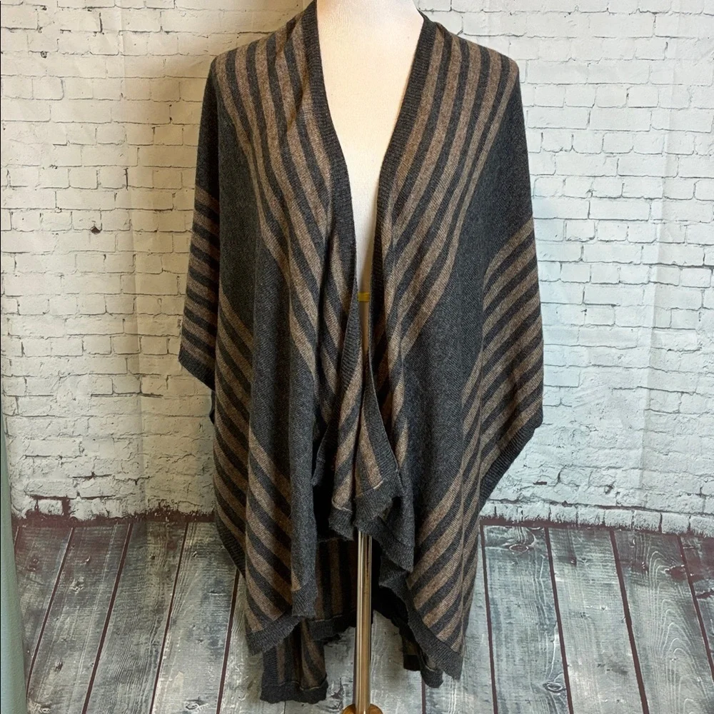 Cashmere Poncho Cape Scarf Gray Tan Stripe Boho Western 100% Cashmere Handmade - Picture 3 of 16